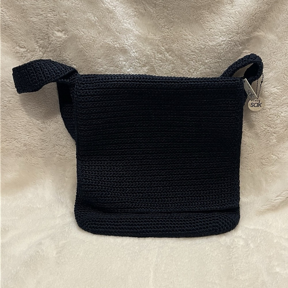 The Sak Crochet Crossbody Shoulder Bag Purse Navy with Flap READ pen marks